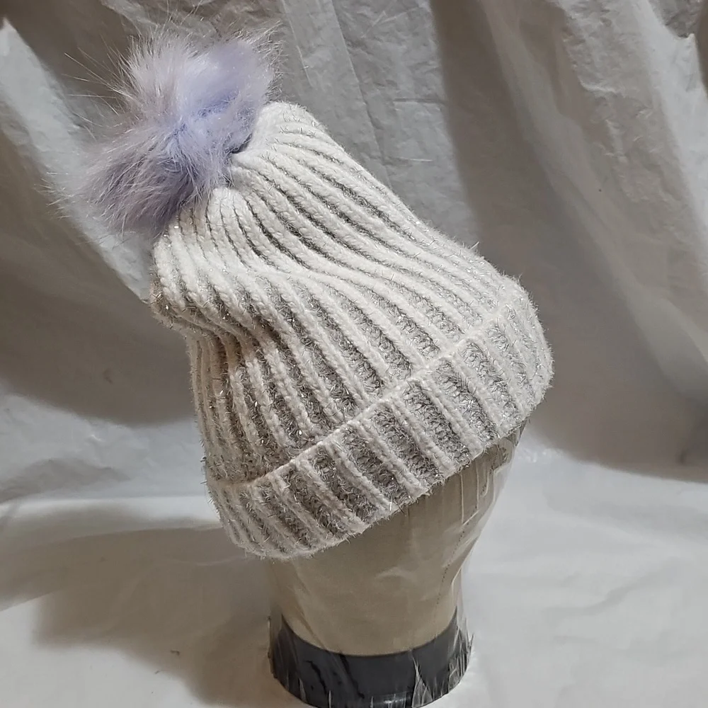 Old Navy Girl L-XL White Ribbed Beanie w/Metallic Silver Detail, Purple Pom New